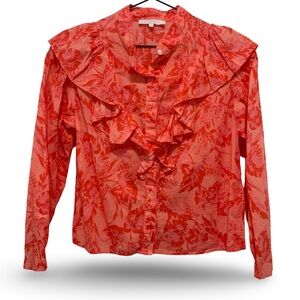 Olivaceous Pink Floral Ruffle Button Up Long Sleeve Blouse Shirt Top Small